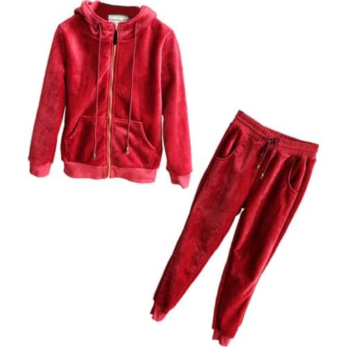 Add thick fox cashmere womens hooded zipper sweatshirts casual sprts suits coat pant 2pcs/set claret 2color EU/S-M-L