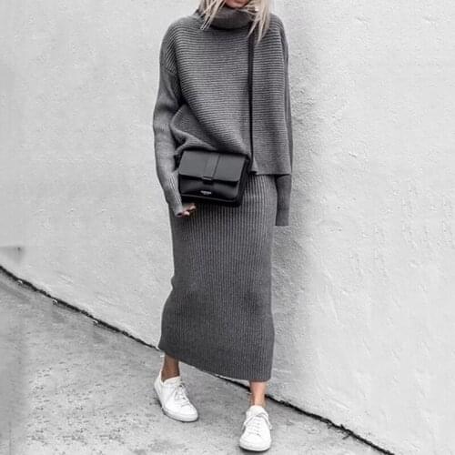Knitted Two Piece Set Women Pullovers Turtleneck Loose Sweater+Long Skirts Bodycon Outfits for Woman Office Lady Suits Set