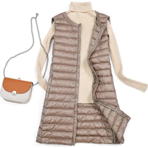 Women 90% White Duck Down Vest Womens Ultra Light Duck Down Vest Long Jacket Autumn Winter Round Collar Sleeveless Coat