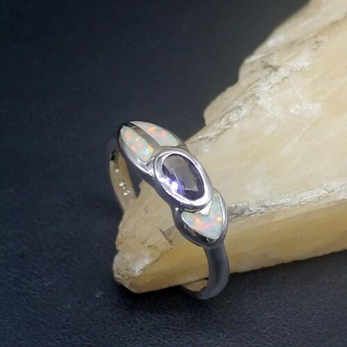 Hermosa Charm White Opal Amethyst Lovely Genuine 925 Silver Band Ring Wedding Engagement Gifts for Women Size 8# 20214287