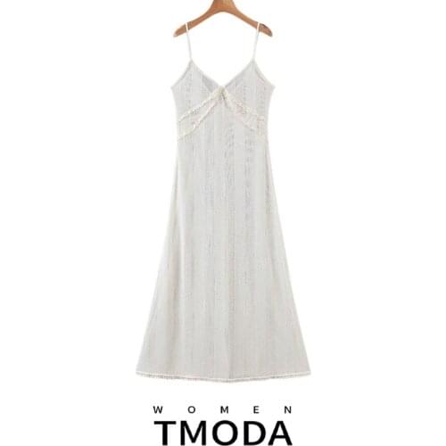 TMODA1454 Za 2021 Summer Women Beige Hollow Out Knit Midi Lace Dress Strap Sleeveless Fashion Lady Beach Dresses Vestido Female