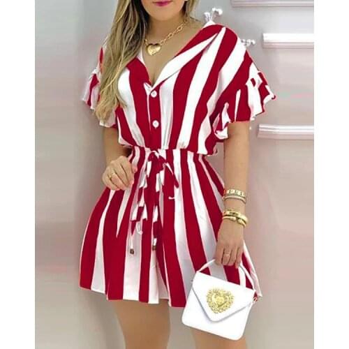 2021 new temperament red striped waist shirt dress womens clothing