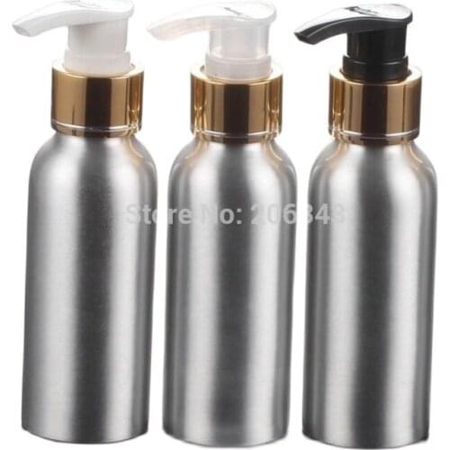 100pcs 100ml Aluminium bottle metal bottle with gold collar white/transparent/black press pump