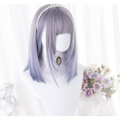40cm Long Straight Lolita Wig Women Harajuku Mixed Blue Grey Purple Hair Cute Bangs Adult Chic Girls Cosplay Daily Wear