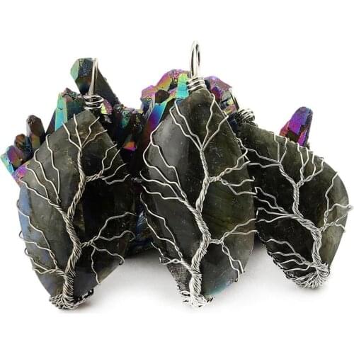 6PCS Natural Stone Glitter natural feldspar hand-wound life tree composite bronze jewelry travel commemoration business gift