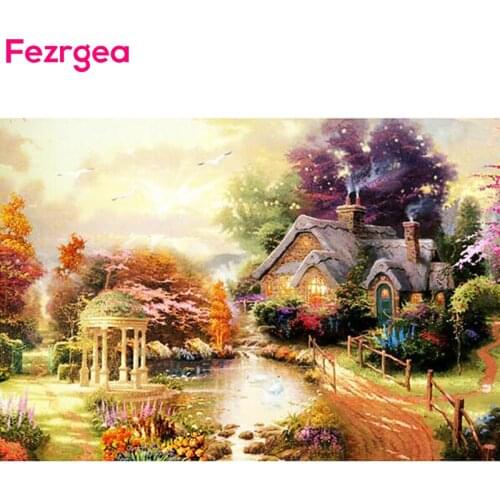 Fezrgea 5D DIY Diamond Embroidery Beautiful Rural Scenery Diamond Painting Cross Stitch Full Round Rhinestone Home Decor Gifts