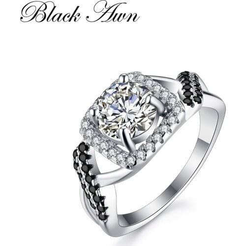 [BLACK AWN] Rings for Women 100% Genuine 925 Sterling Silver Jewelry Square Black&White Stone Engagement Ring C194