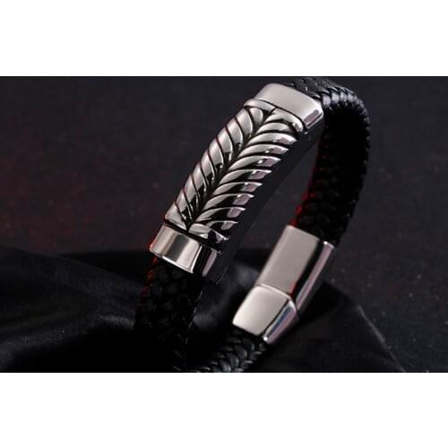 New Stainless Steel 12mm Link Chain Charm Bracelets For Biker Mens 21cm Braided Genuine Leather Vintage Bracelets Jewelry