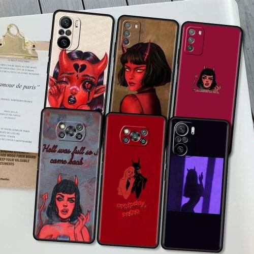 Black Phone Case For Xiaomi Mi Poco X3 NFC M3 Pro F3 GT F2 X2 11 10T Note 10 Lite Painted Protect Cover Sexy Devil Woman