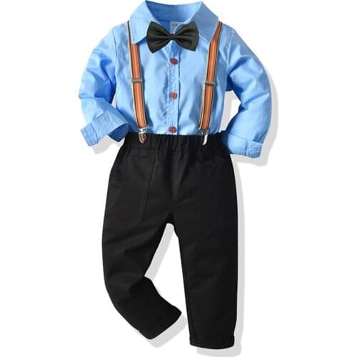 Kids Boys Suits Dress Suit Gentleman Blue Shirt with Bow tie + Pants Party Wedding Children Kid Clothing Autumn Boys Clothes