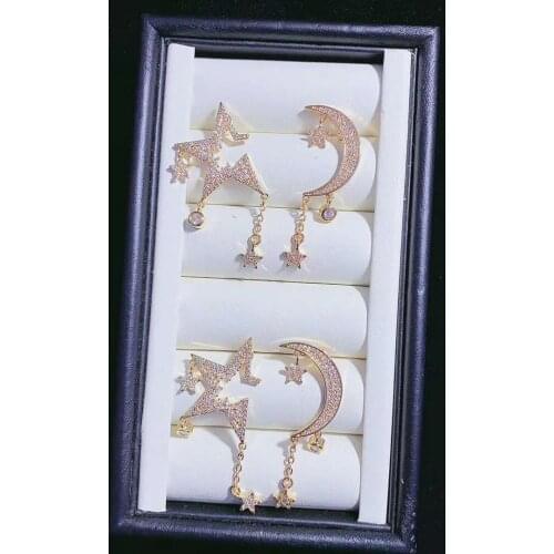 Womens High Quality Fashion18K Plated Asymmetric Star Moon CZ Earring stud