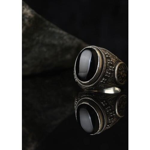 Black Zircon 925 Sterling Silver With Gold Plate Engraved Traditional Handmade Turkish Signet Ring Jewelry Gift for Women Men