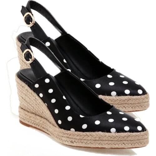 LIHUAMAO Polka dot women slingback wedges shoes platform pointed toe ankle strap high heel pumps office lady party wedding