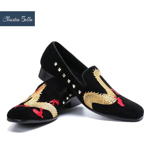 Christia Bella New Style Handmade Men Loafers with Dragon Embroidery Leather Insole Slip-on Fashion Party and Wedding Men Shoes