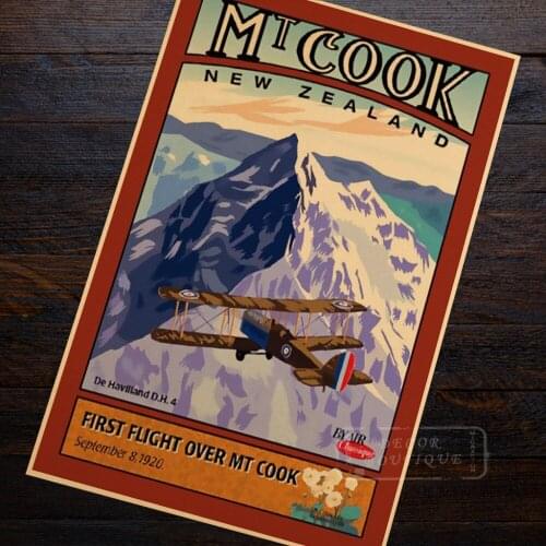 Mt Cook Mount First Flight New Zealand NZ Travel Retro Vintage Poster Canvas Painting DIY Wall Art Home Bar Posters Decor