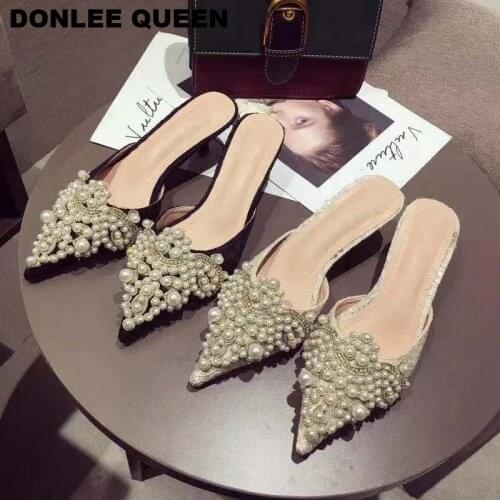 Luxury Slippers Women Slip On Slides Ladies Brand Mules Shoes Women Dress Shoes Pointed Toe Heels Pearl Slippers For Party Shoes