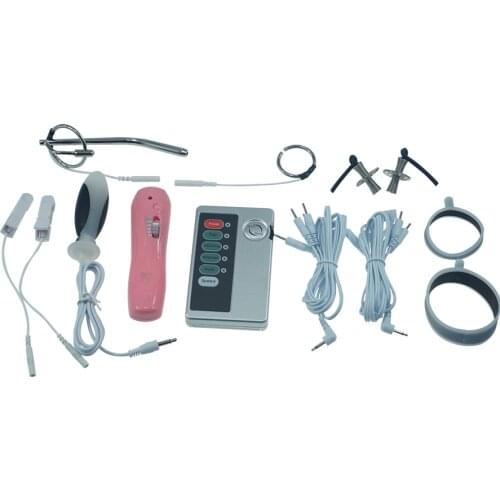 Electric shock set metal anal plug nipple clitoris clamps massager cock ring penis extender urethral sound therapy sex toys