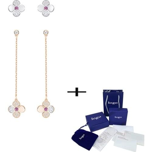 SWA New GLOWING CLOVER Pierced Earrings Set 2-in-1 Lucky Clover Crystal Female Engagement Unique Retro