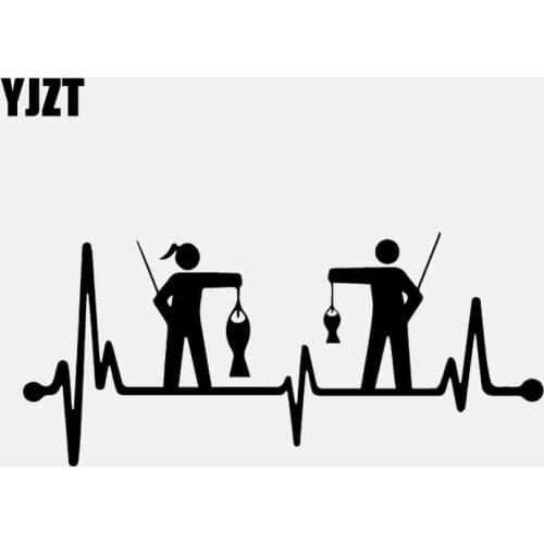 YJZT 17.9CM*8.1CM Girl Guy Fishing Heartbeat Lifeline Car Sticker Rod Reel Lure Decal Vinyl Black/Silver C24-0942