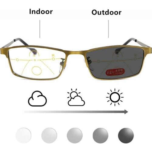 High Quality Photochromic Reading Glasses Men Progressive Multifocal CR-39 Resin Anti-Blue Ray Presbyopic Glasses Metal Frame