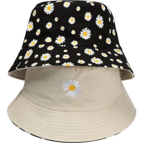 2021 Summer Double-Sided Daisies Bucket Hat Cotton Foldable Fisherman Cap For Women Men Fashion Casual Outdoor Sunscreen Hat