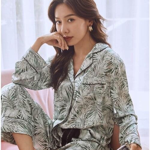 Women Pajamas Set Spring And Autumn Silk Stain Green Plants Printed Turn-down Collar Loose Thin Homewear Fresh Style Sleepwear