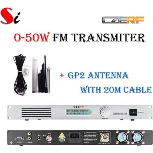 Professional CZE-T501 0-50W adjustable FM stereo transmitter broadcast radio station with GP2 antenna + 20M cable