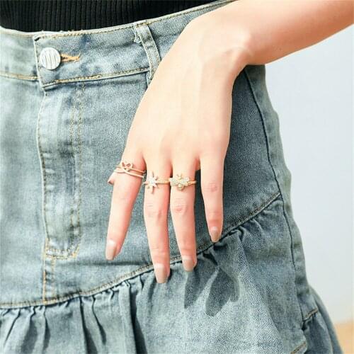 Luxury Jewelry Cz Shine Star Ring Adjustable Colourful Snowflake Fresh Sweet Fashion Statement Geometric Charm Lady Girl Ring