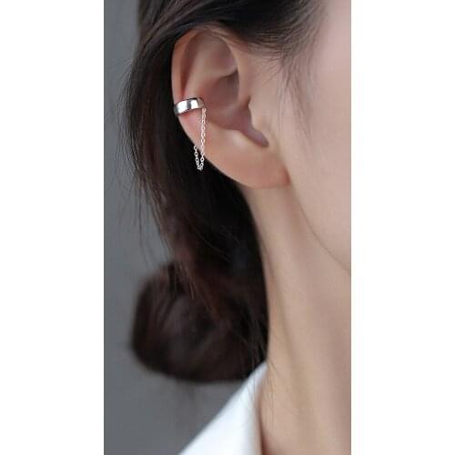 S925 pure silver slap board ear clip retro cold light wind tide ear bone clip earless hole chain ear jewelry for female