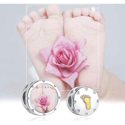 ELESHE Real 925 Sterling Silver Baby Foot Print Bead Custom Photo Round Charm Fit Original Bracelet DIY Jewelry Children Gift