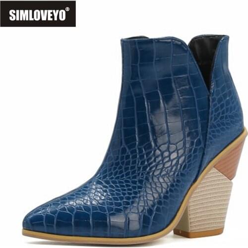 SIMLOVEYO 2021 Lady Novelty Boots Alligator Texture Pointed Toe Slip On 10CM Strange Block Heel US16 17 Black Yellow Blue A4429