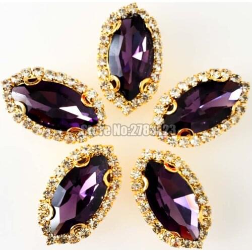 Deep purple Gold bottom Horse eye shape Crystal button,AAA+ Glass Crystal sew on loose rhinestones 7x15mm 9x18mm