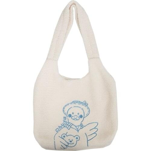 Embroidery Duck Lamb Wool Women Handbag Shoulder Bags Large Capacity Animal Prints Casual Tote Shopping Bag Book Bags for Girl