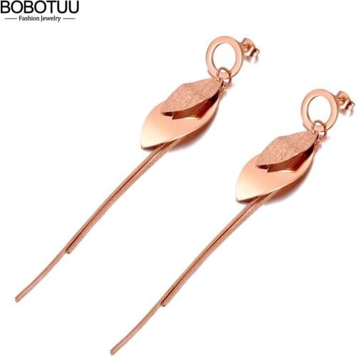 BOBOTUU Rose Gold Plated Stainless Steel Geometric Tassel Leaves Jewelry Trendy CZ Crystal Dangle Earrings For Women BE20173