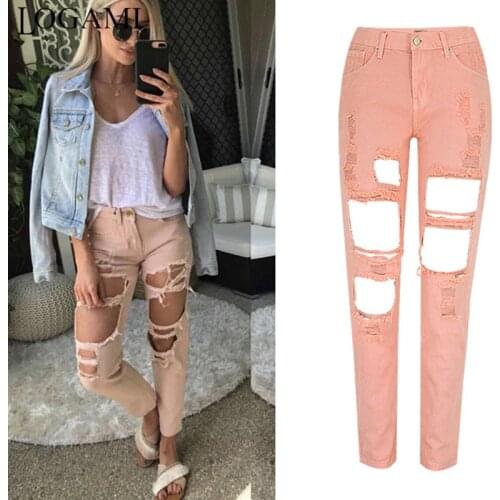 LOGAMI Distressed Boyfriend Jeans Woman High Waist Ripped Jeans Women Straight Denim Pants Pink