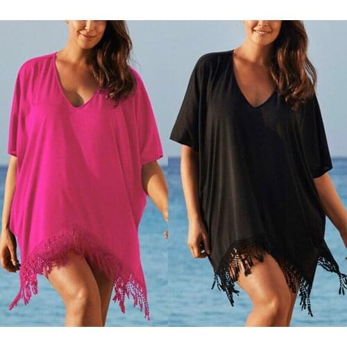 Women Tassel Swimwear Bikini Cover Up Beachwear Kaftan Loose Dress Summer Fashion Casual Half Sleeve Sunproof Cover-Up Dress