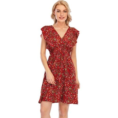 2021 New summer dress V-neck Chiffon Print Ruffle Sleeveless Dress Fashion Women Bohemian Beach Sundress Casual Party Dresses