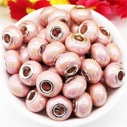 10Pcs Pink Color Resin Murano Spacer Large Hole European Beads Fit Pandora Bracelet Bangle Snake Chain Necklace Women Jewelry