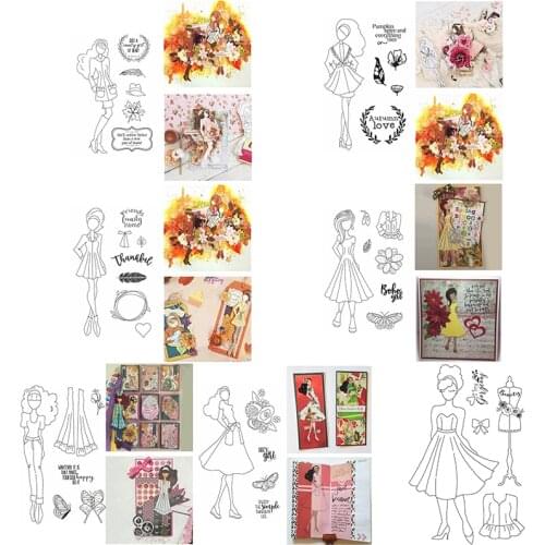 6*8 inch Clear Silicone Stamps Slim Beauty Girl Long Hair Dress Laurel Floral Butterflies DIY Scrapbooking Craft Paper Cards