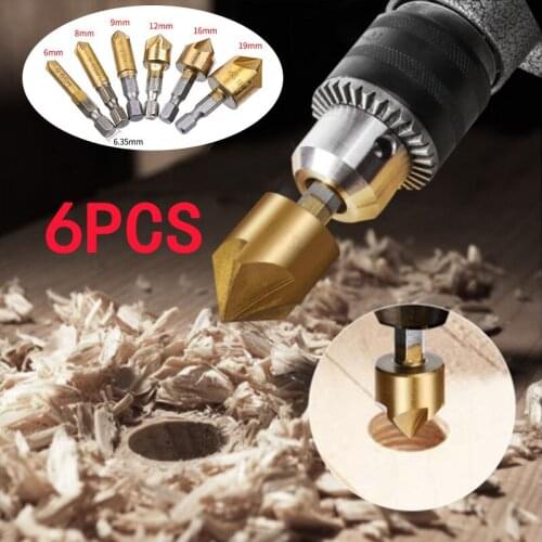 6PC hexagonal handle titanium plated five-edge chamfering knife reaming chamferer shaving auger hole opening set 6mm-19mm