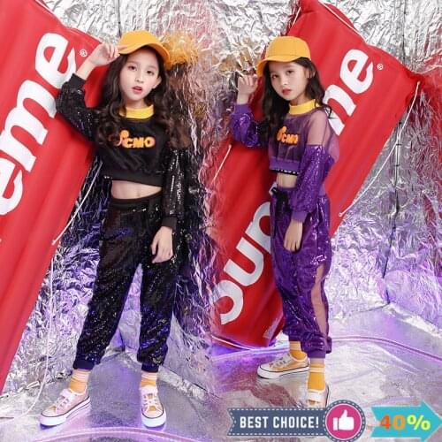 Kids sequins hip hop cropped clothes tops casual pants for girls jazz ballroom dance costumes stage dance wear