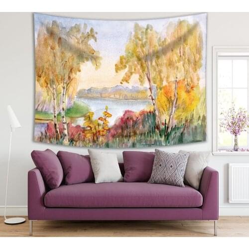 Tapestry Birch Trees Yellow Leaves Red Bushes River by Water Basin Autumn Day Nature Painting Artistic Home