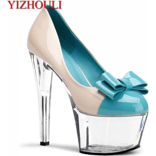 Fashionable sexy blue bowknot sheet shoe, transparent platform, temperamental woman 17 centimeters high heel