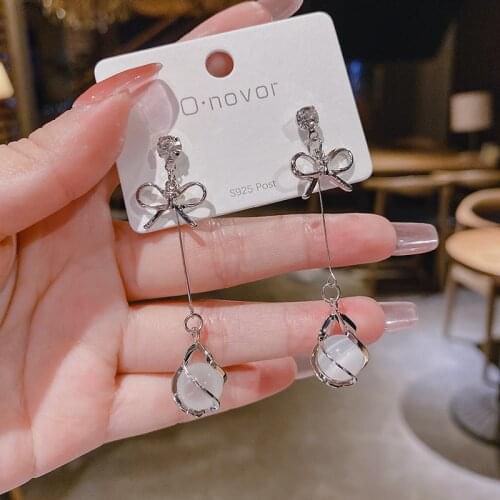 Korean Fashion Jewelry Earrings for Women New 2021 Not Easy To Be Allergic Bow-knot Opal Earrings Sweet Long and Thin Earrings