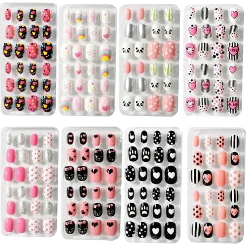 Kids Full Cover False Nails Press On Self Adhesive Nail Manicure Tips Candy Color Fake Nails Nail Art for Children 24Pcs/box
