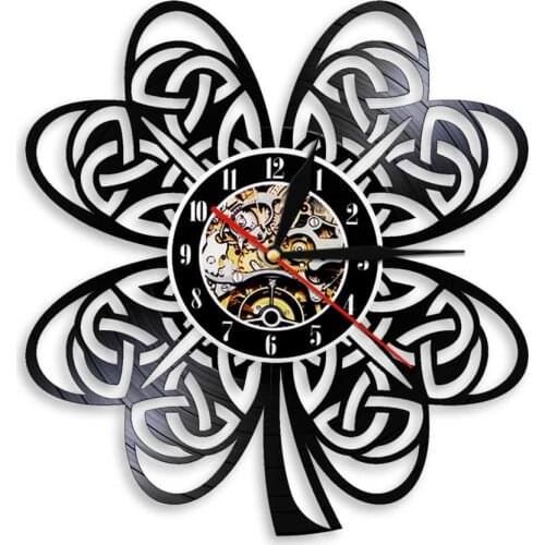 Four Leaf Clover Wall Clock Made Of Real Vinyl Record Symbol Of Lucky Natural Plant LED Backlight Modern Wall Watch Home Decor