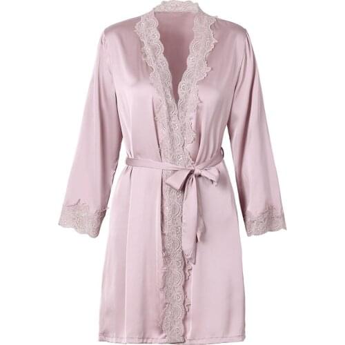 Sexy Polyester Silk Robes With Lace Women Satin Bathrobes Night Robe Sleepwear Wedding Nightie Solid Color Dressing Gown Bedgown