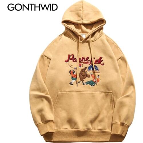 GONTHWID Embroidery Bear Fleece Sweatshirts Hoodies Streetwar 2020 Mens Harajuku Hip Hop Casual Pullover Hooded Fashion Tops