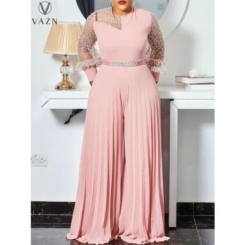 VAZN 2021 Spring High-end Chiffon Sexy Pink Heavy Industry Beading Elegant Plus Size Full Sleeve Womens Wide Leg Jumpsuits