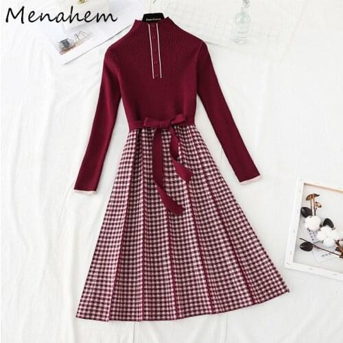 Menahem Knit Sweater Women Plaid Stand Long Sleeve Button Midi Dress Thick Warm Autumn Winter Female Office Lady Lace-Up Dress